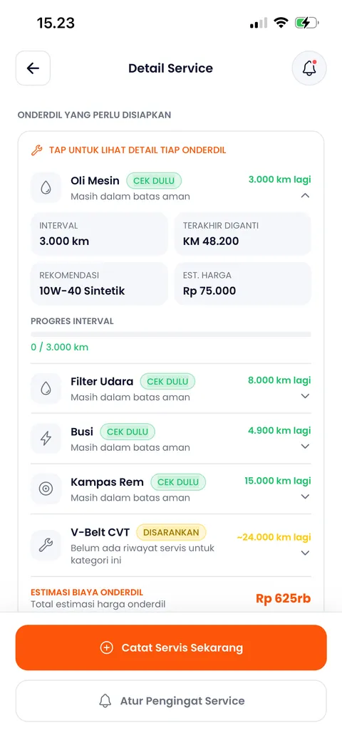 Tampilan Detail Service di Garasilog menampilkan daftar onderdil yang perlu disiapkan beserta interval, progres, dan estimasi biaya