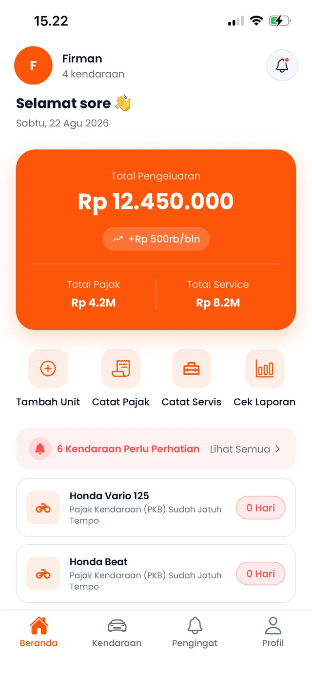 Tampilan Beranda aplikasi Garasilog: ringkasan total pengeluaran, akses cepat catat pajak/servis, dan daftar kendaraan yang perlu perhatian