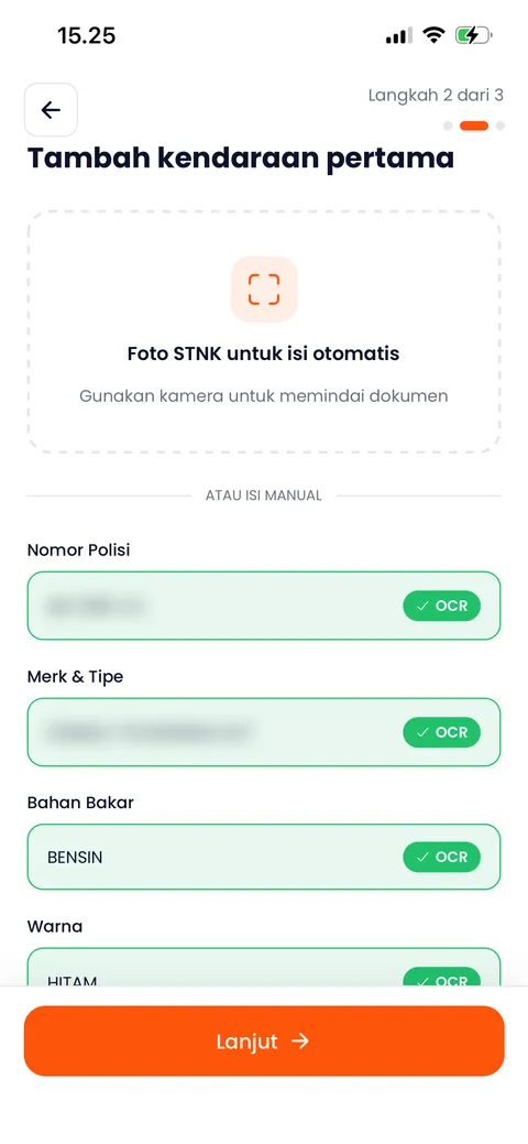Tampilan scan STNK otomatis di Garasilog: kolom nomor polisi, merk & tipe, dan bahan bakar terisi otomatis lewat OCR