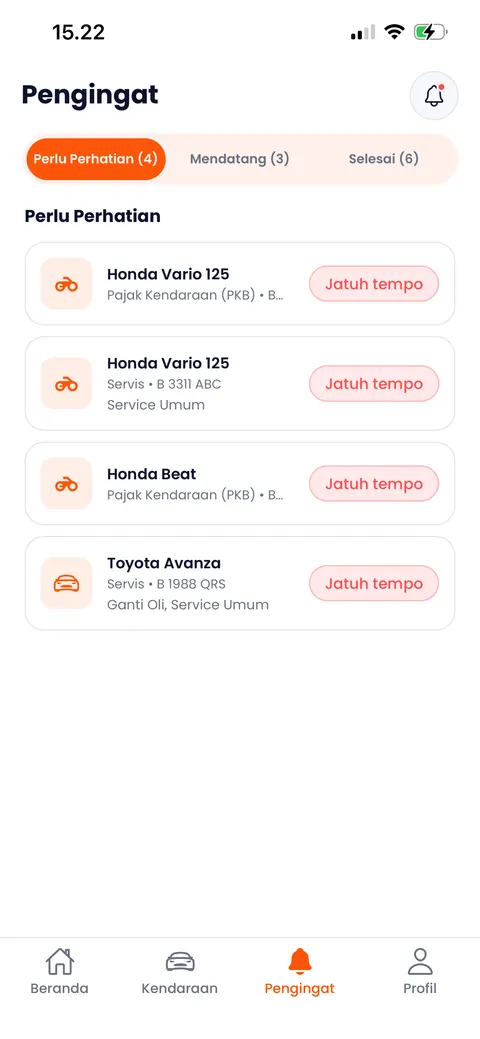 Tampilan halaman Pengingat di Garasilog menampilkan daftar kendaraan yang perlu perhatian, termasuk status jatuh tempo pajak dan servis